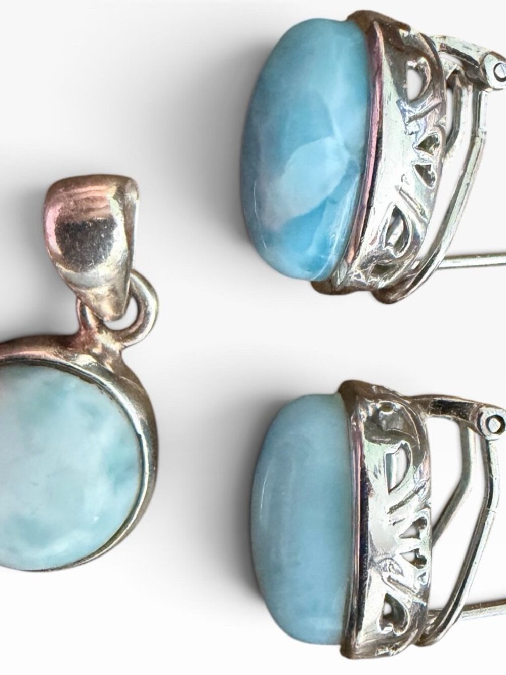 Larimar 925 Sterling Silver Pendant and Pierced Earrings Set Caribbean Blue 11g